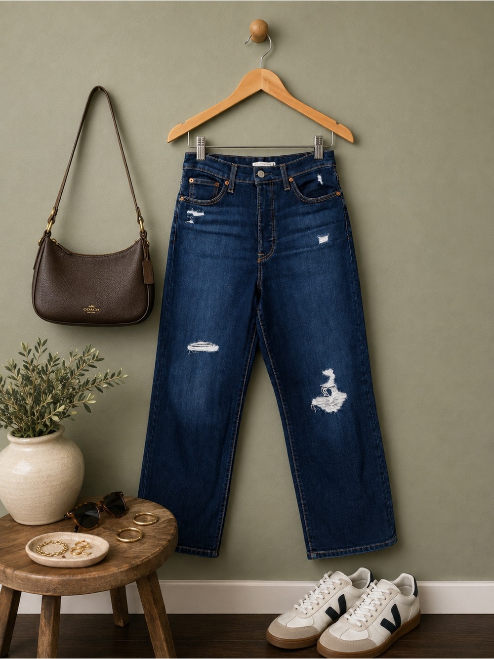 Classic High-Rise Distressed Women's Jeans - Dark Blue